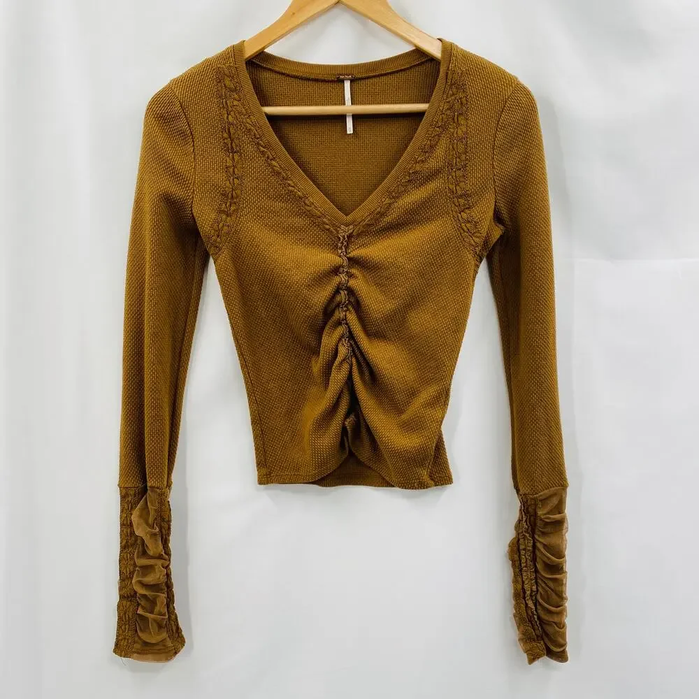 Free People Wear Me Out Thermal Mesh Lace cuff Sleeve Top